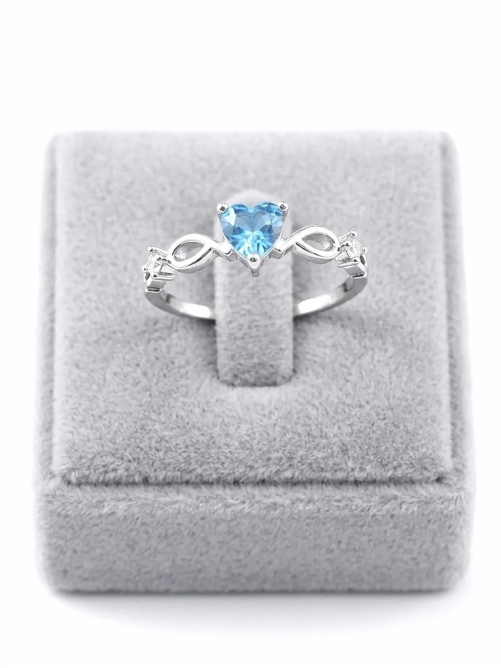 New Dainty Aquamarine White Sapphire Sterling Silver Infinity Heart Ring 3 Prong